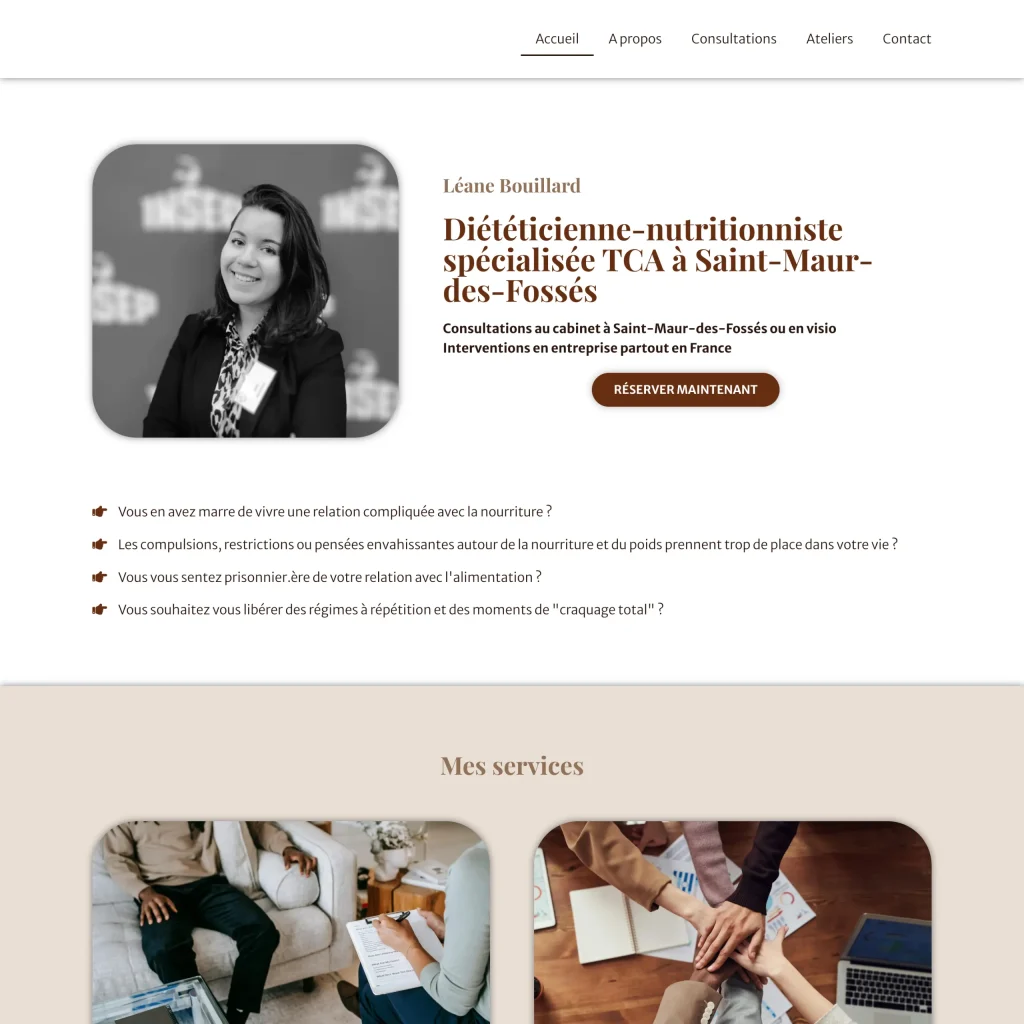 Aperçu du site internet de Léane Bouillard, diététicienne spécialisée TCA — réalisé par Atweb Creation